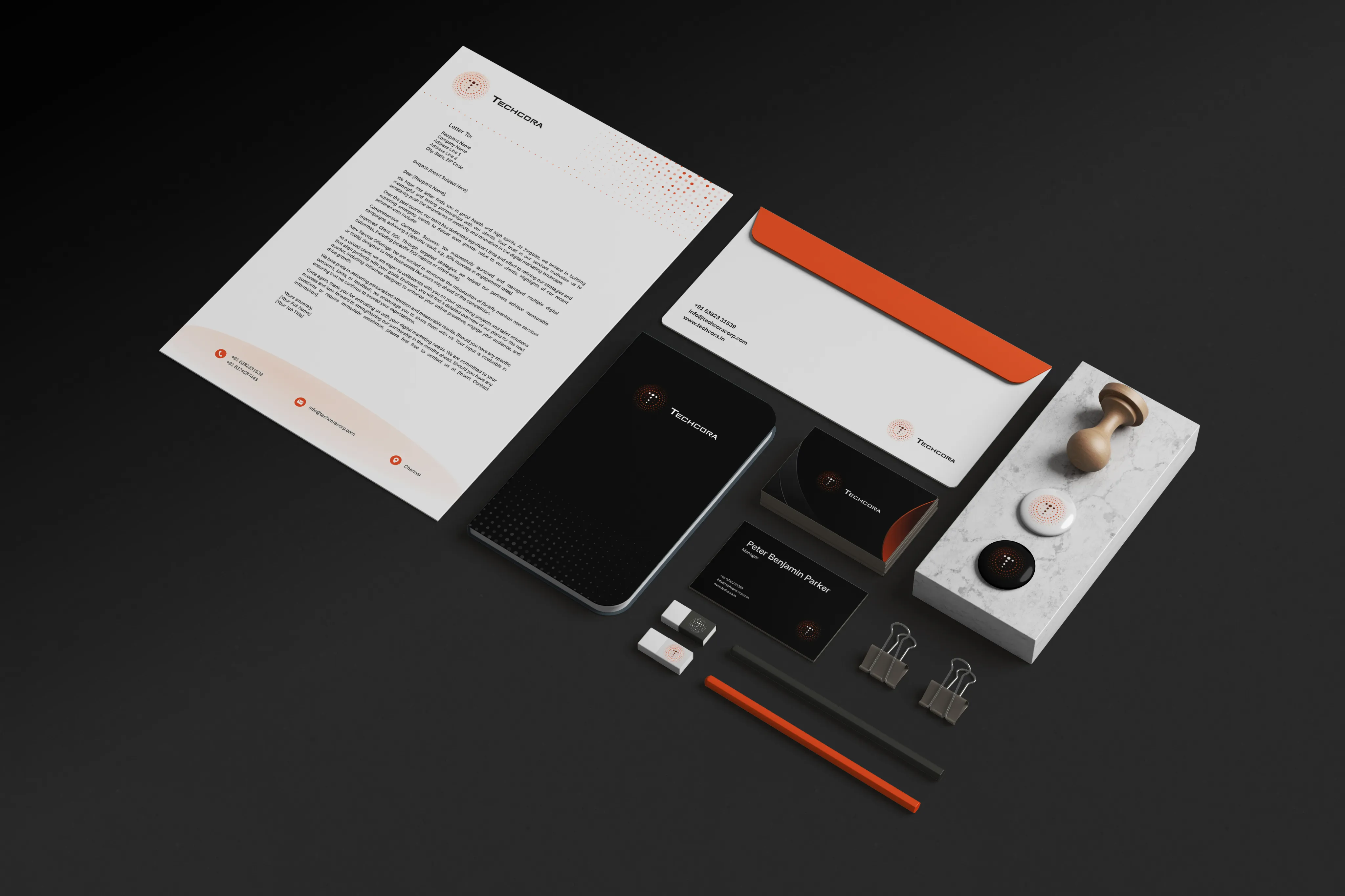 Techcora stationery set: letterhead, business cards and branded pens
