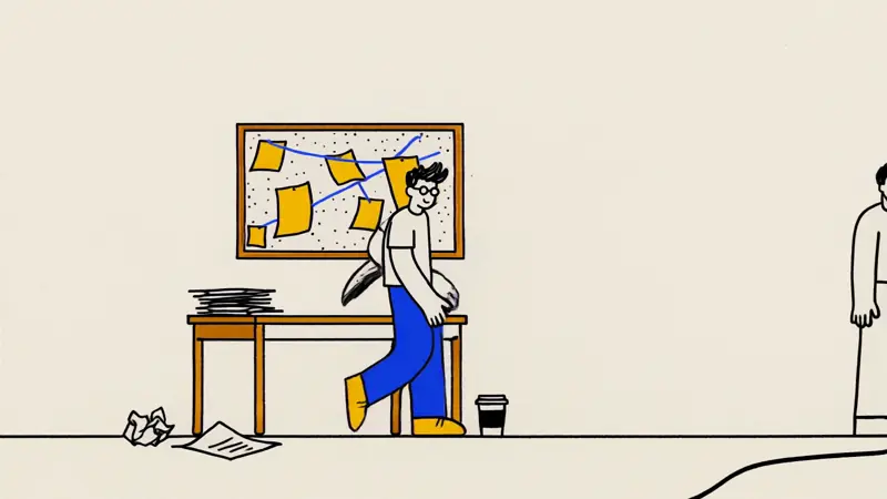 Storyboard panels pinned to a corkboard beside a writing desk, in a hand-drawn illustration